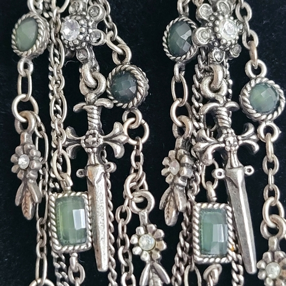Silvertone 3.5" Dangle Earrings | green stones, sword, flowers, rhinestones EUC - Picture 6 of 10